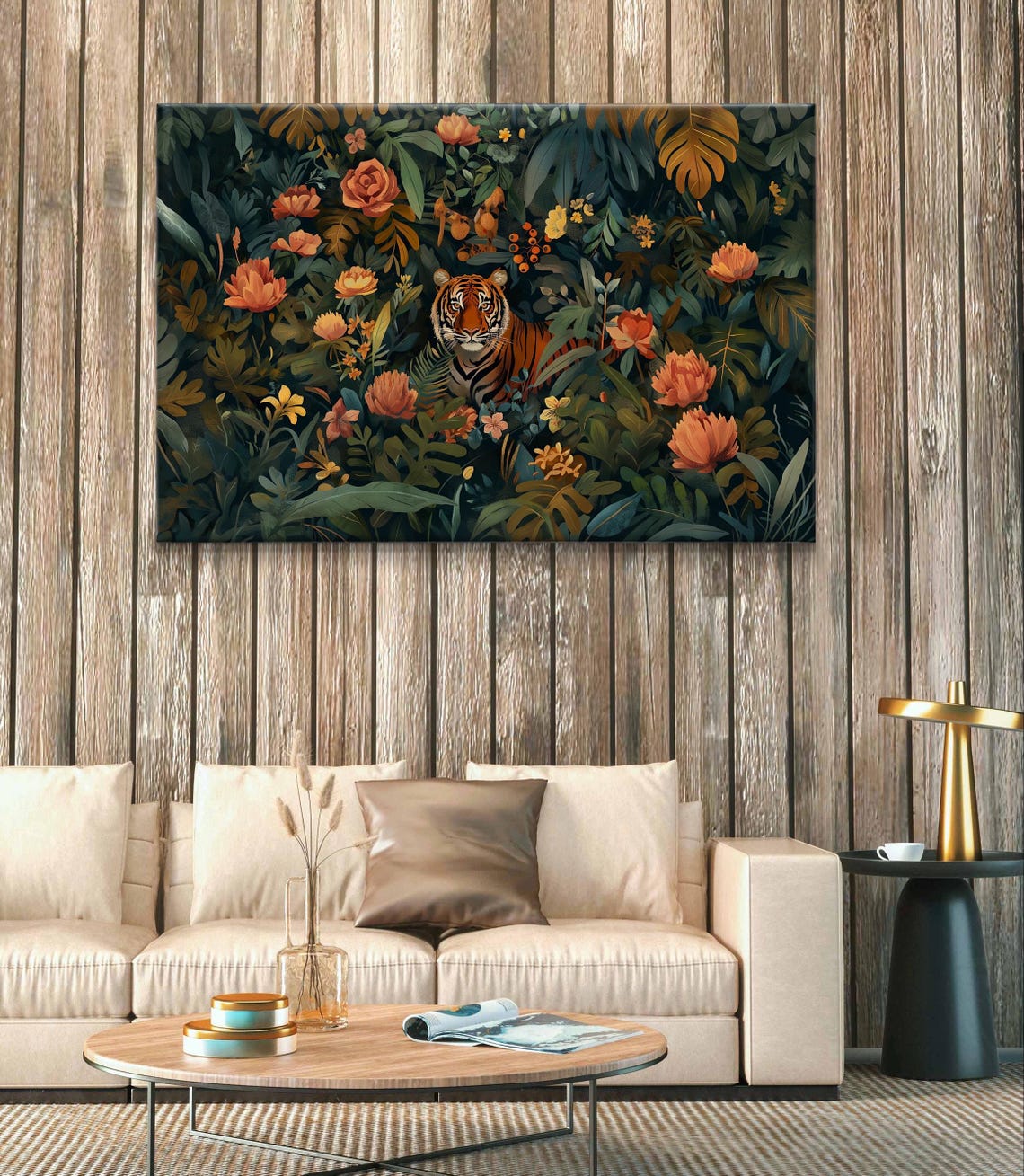Tiger Peeking Through Dark Floral Jungle Orange Blooms Art Poster - Image 4