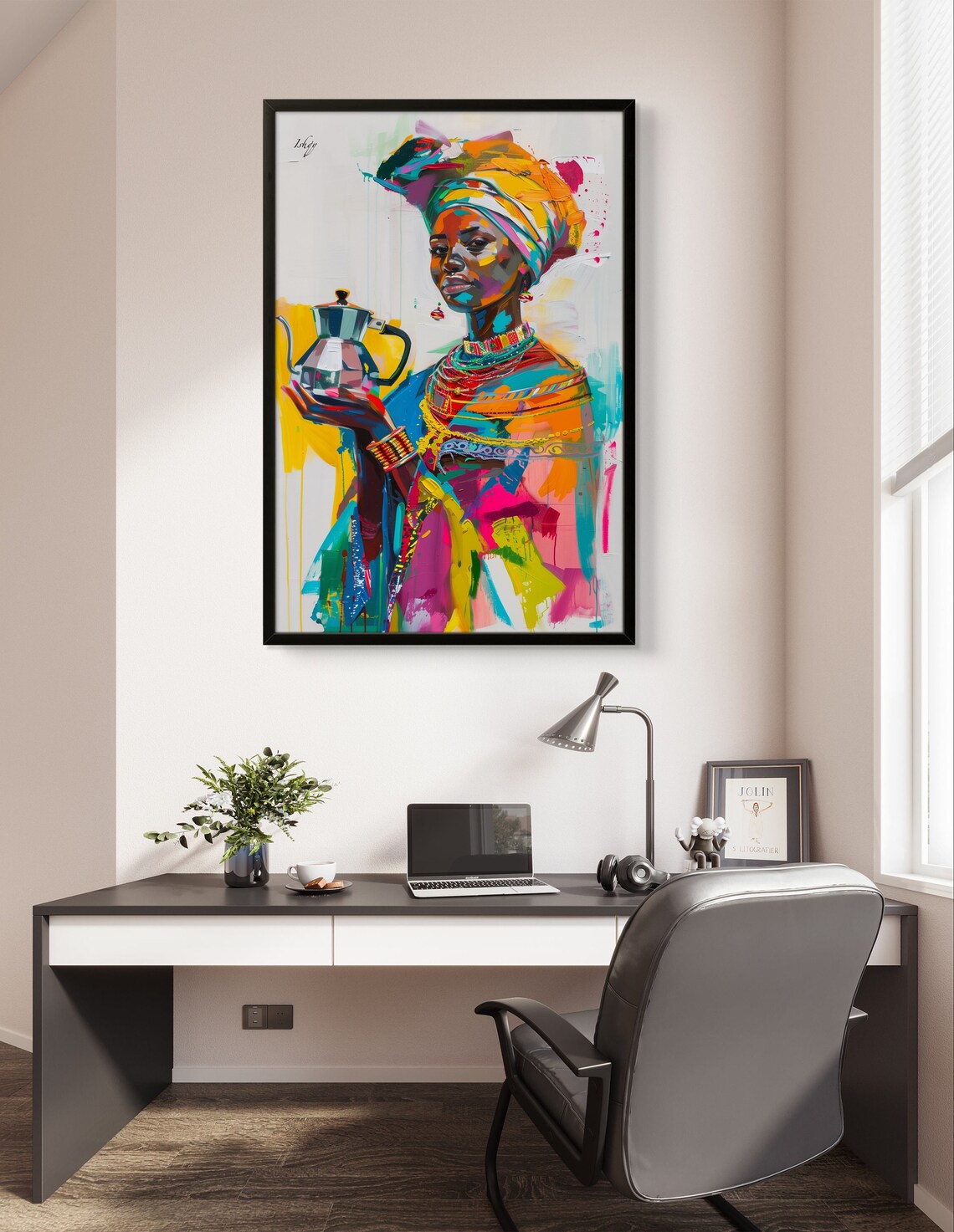 Ethiopian Woman Holding Traditional Coffee Pot in Vivid Colors Poster - Image 2