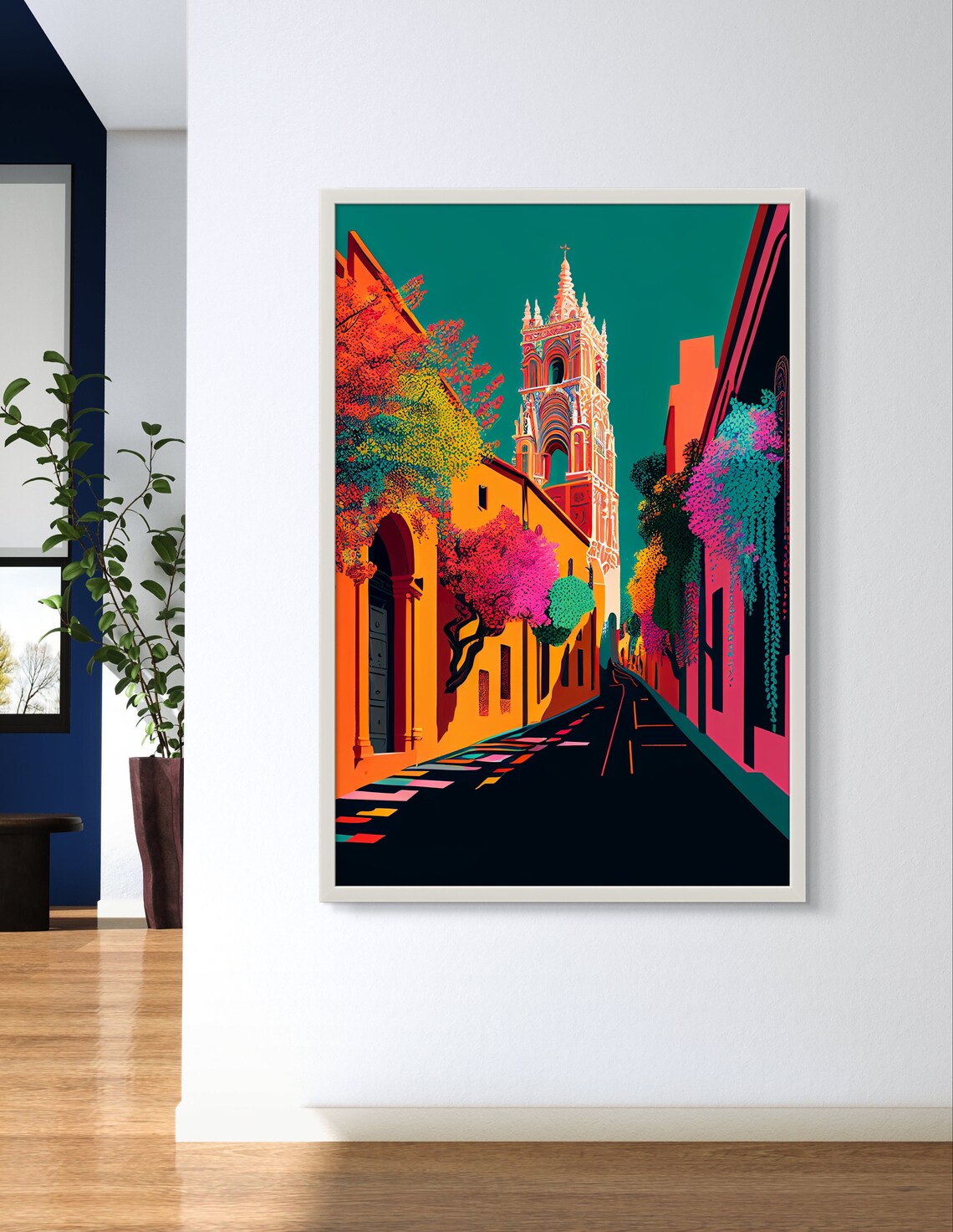 San Miguel de Allende Pink Church Street Stylized Mexico Poster - Image 4