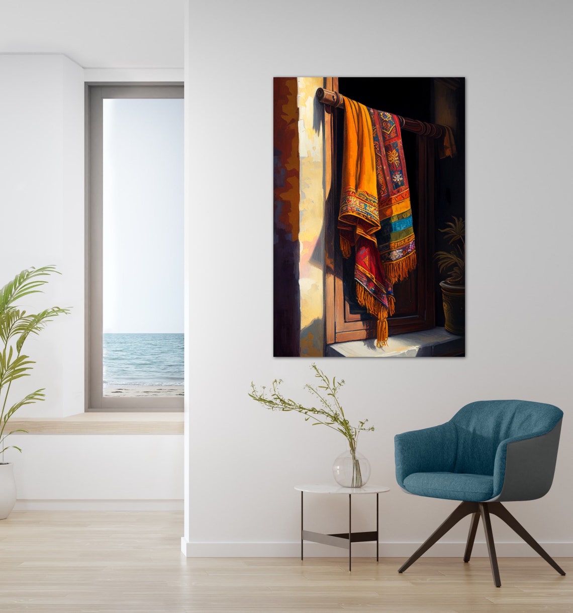 Embroidered Textiles Hanging Beside a Sunlit Wooden Doorway Poster - Image 5