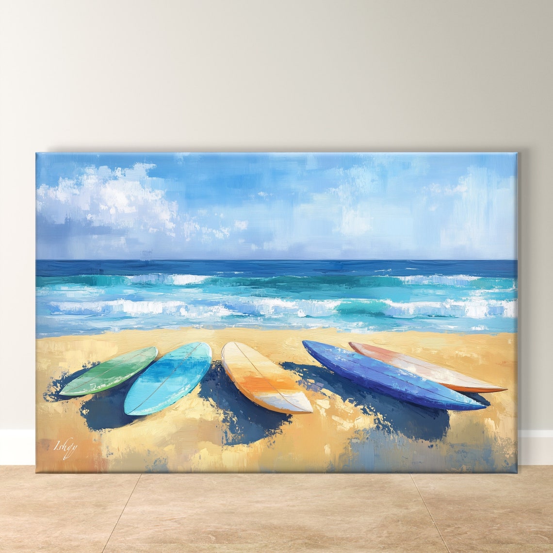 Five Surfboards on a Sunny Sandy Beach Ocean Waves Art Poster