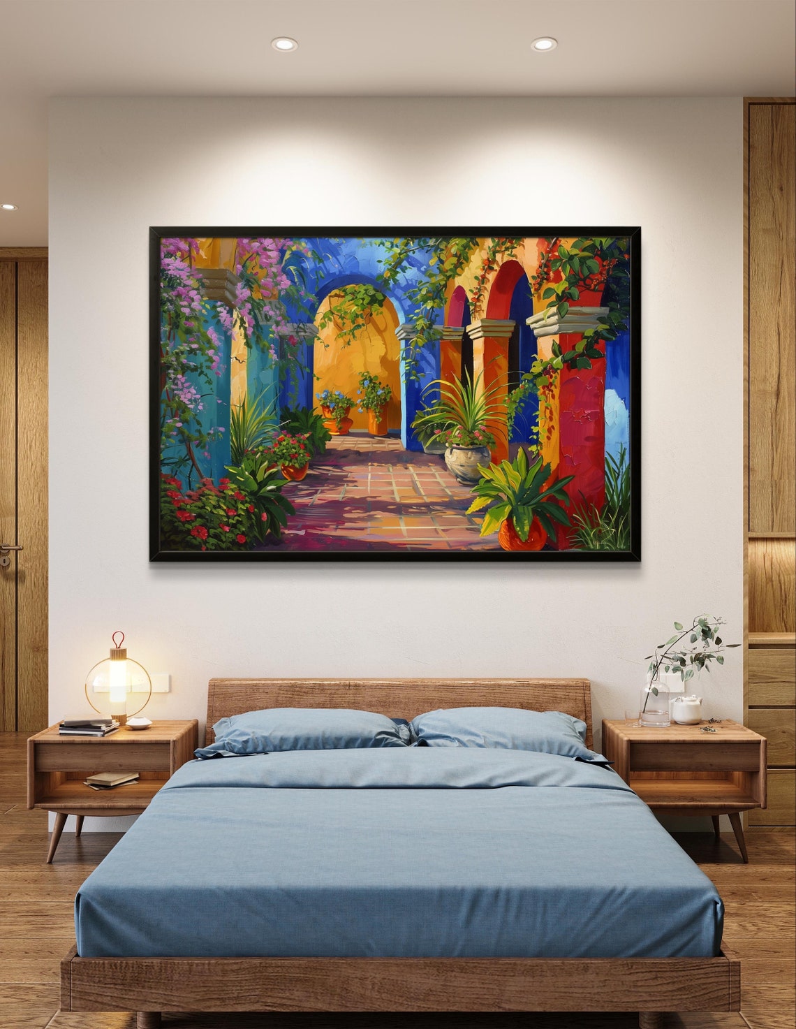 Cuernavaca Mexican Courtyard with Blue Arches and Flowers Poster - Image 2
