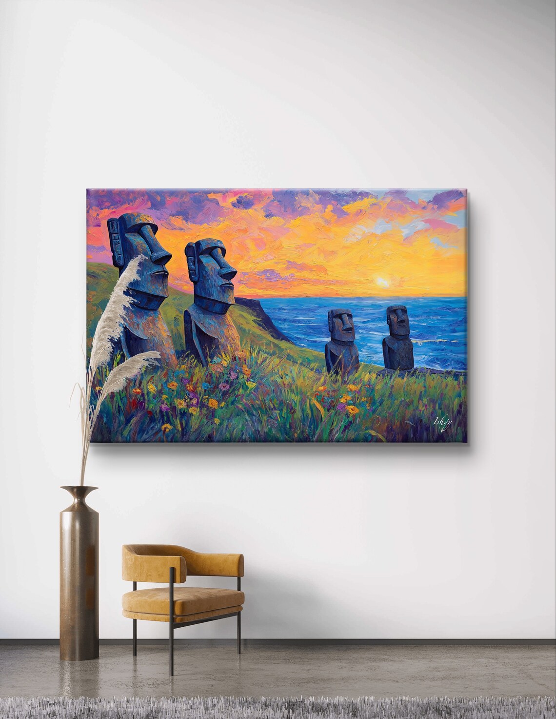 Easter Island Moai Statues at Sunset Over Ocean and Wildflowers Poster - Image 6
