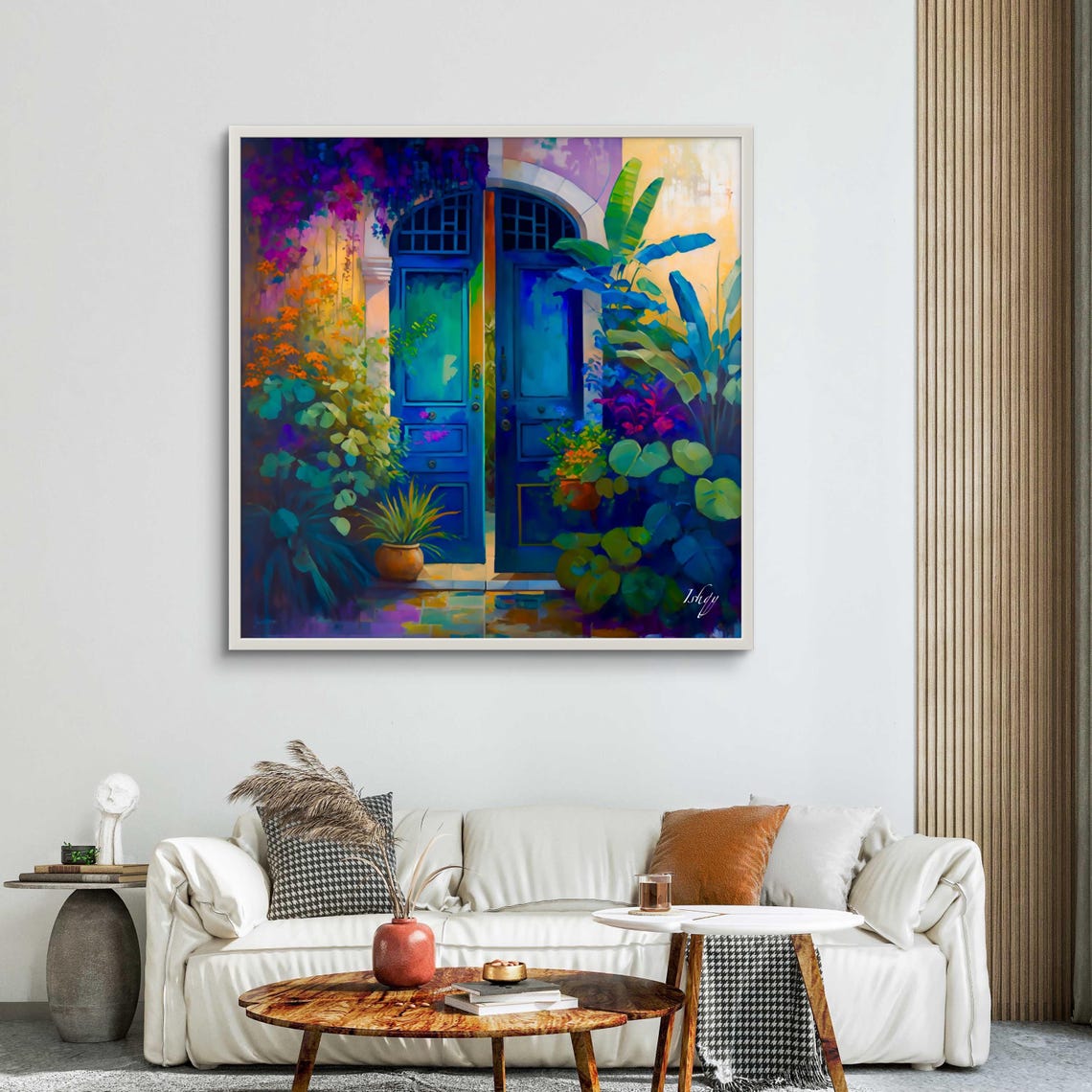 Vibrant Blue Doorway Framed by Lush Tropical Plants Garden Poster - Image 3