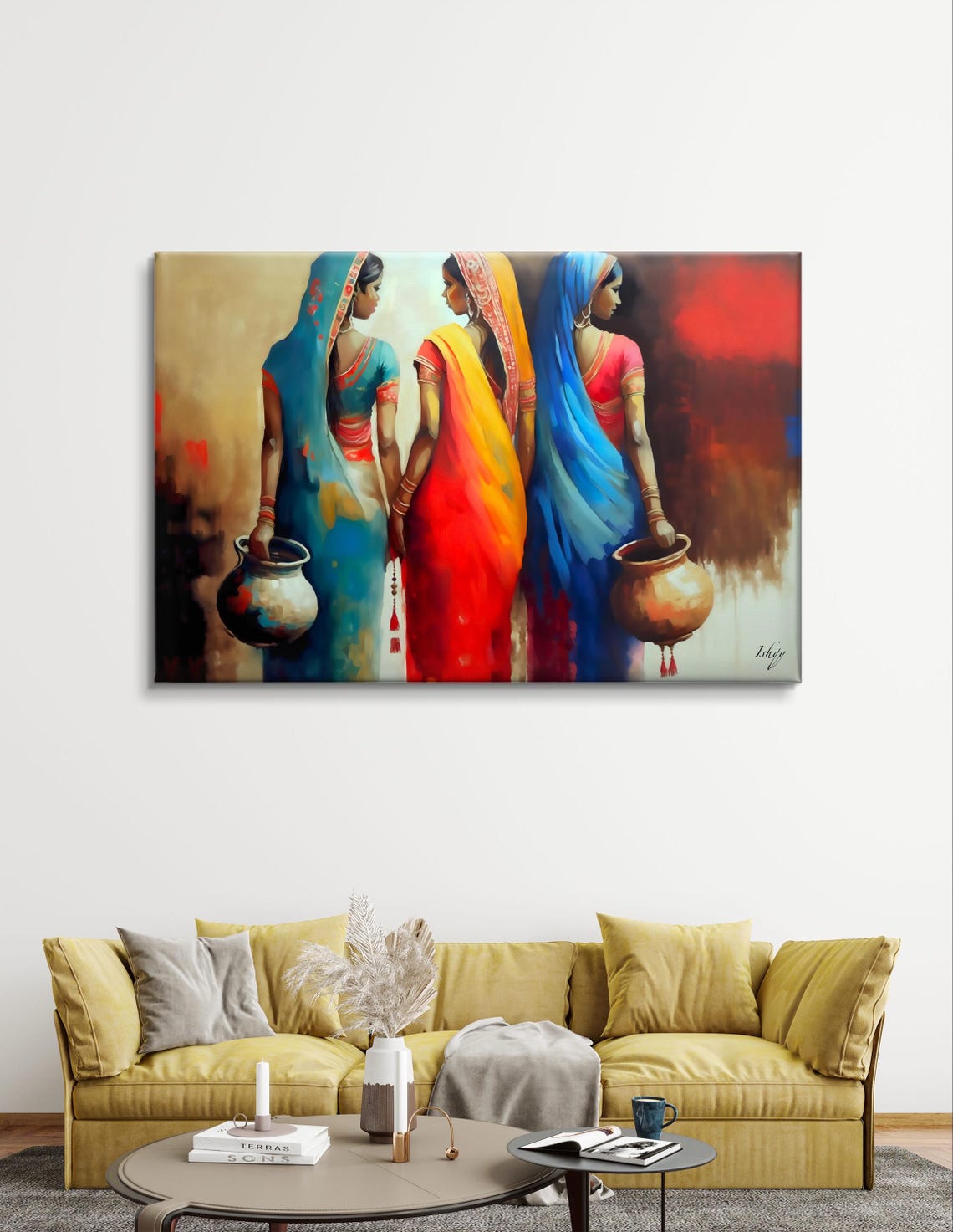 Three Indian Women in Bright Sarees Holding Water Pots Poster - Image 5