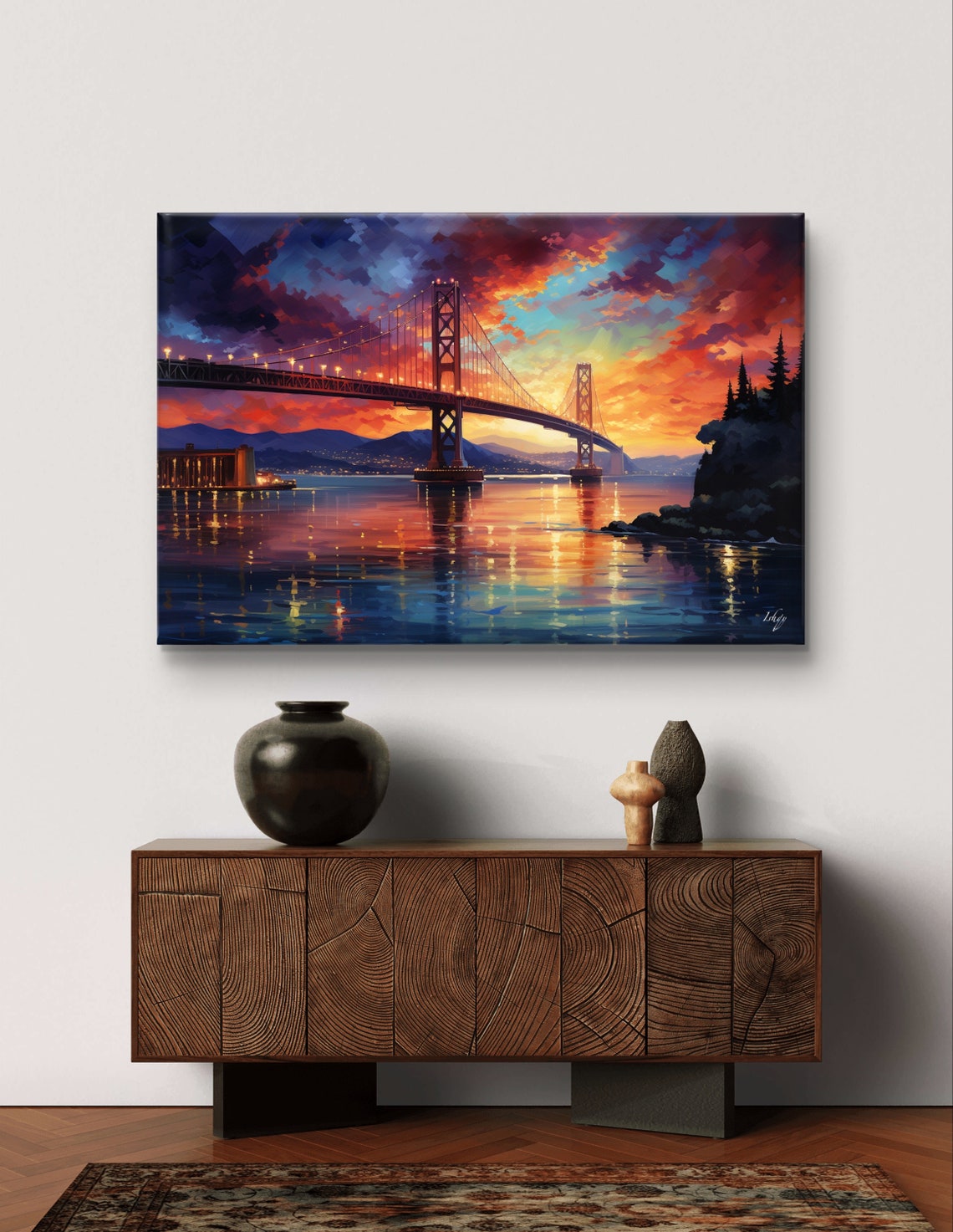 San Francisco Bay Bridge at Fiery Sunset Over Sparkling Water Poster - Image 6