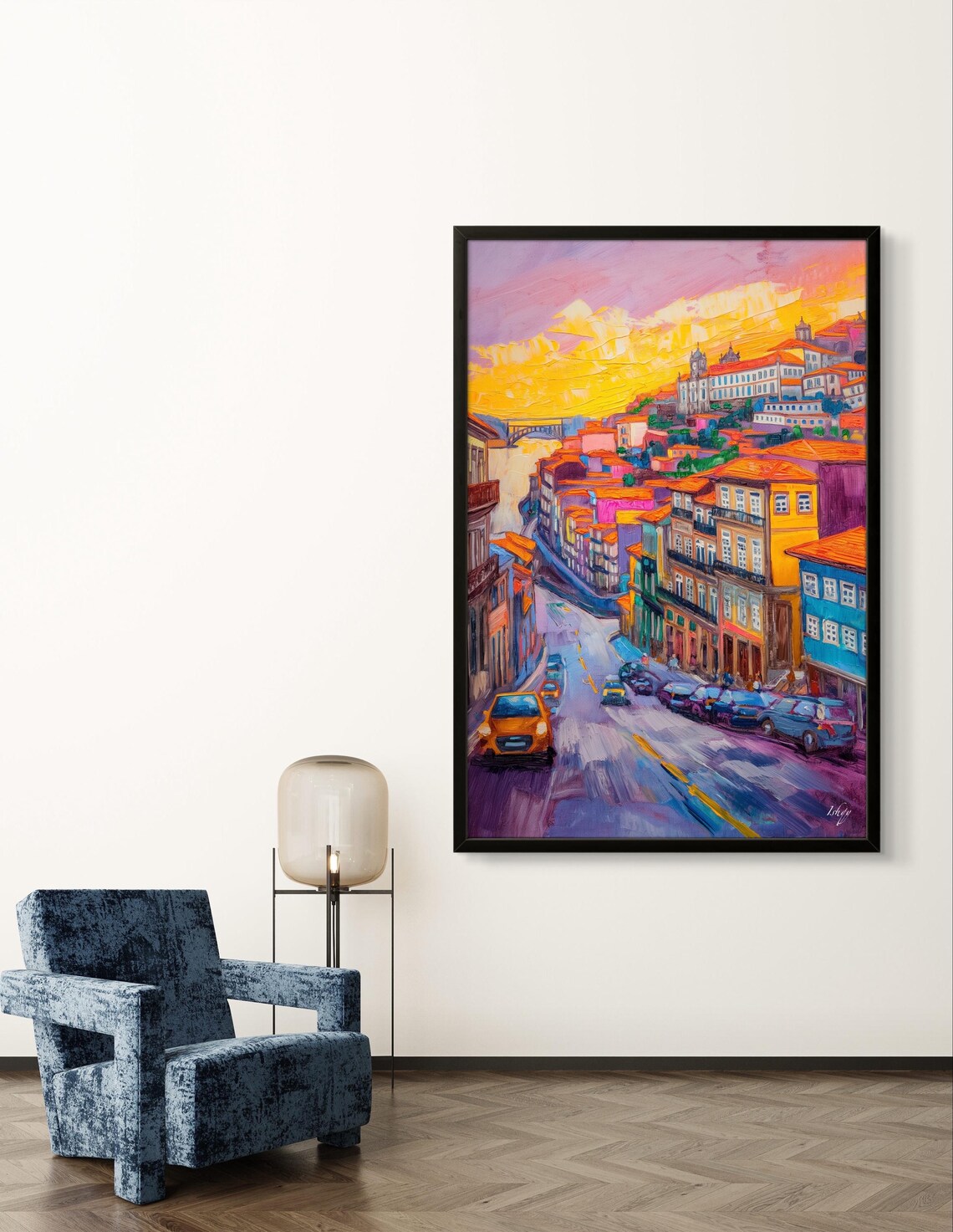 Porto Portugal Sunset Street with Hillside Houses Art Poster - Image 3