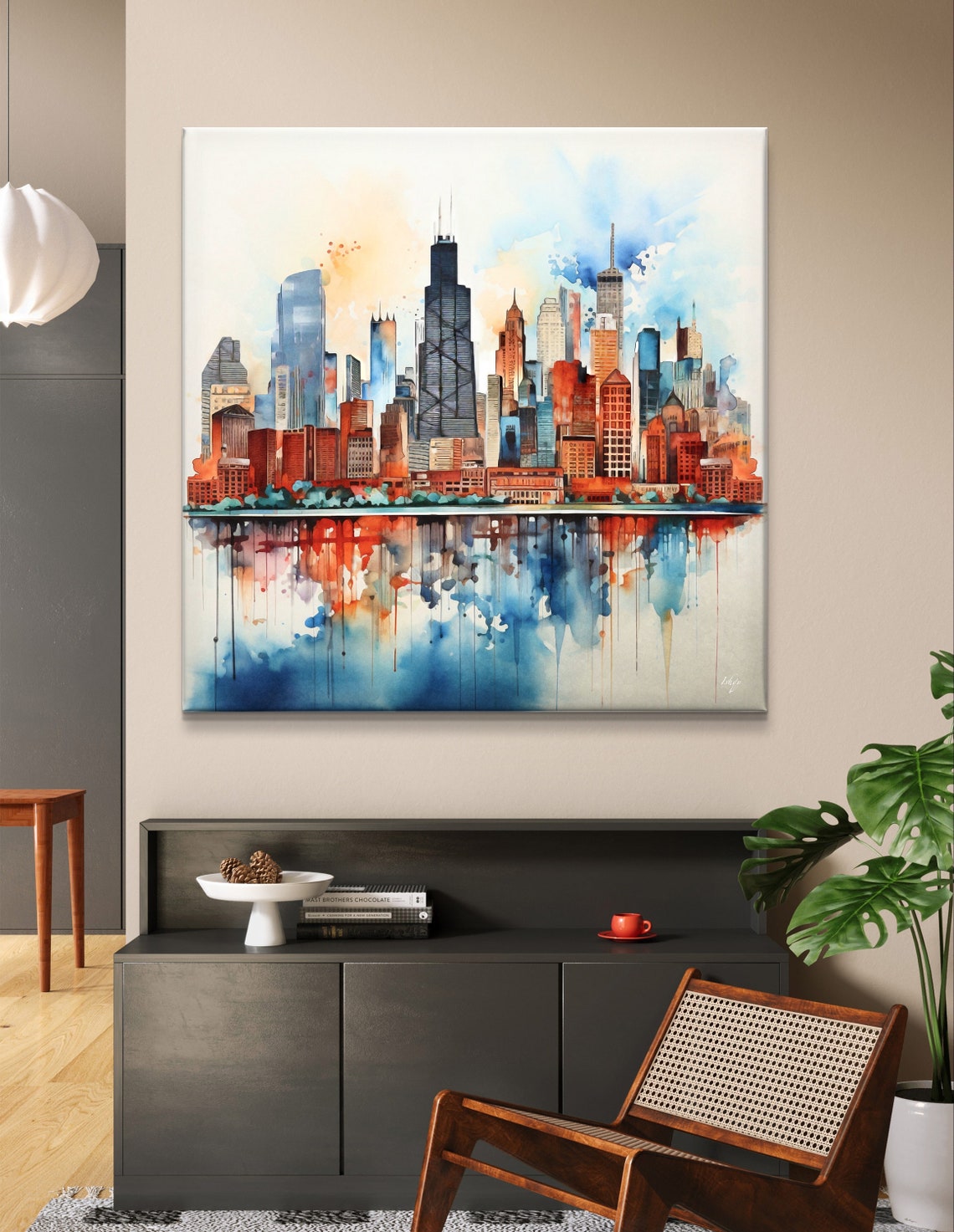 Chicago Skyline Watercolor with Reflective Water Mirror Art Poster - Image 6