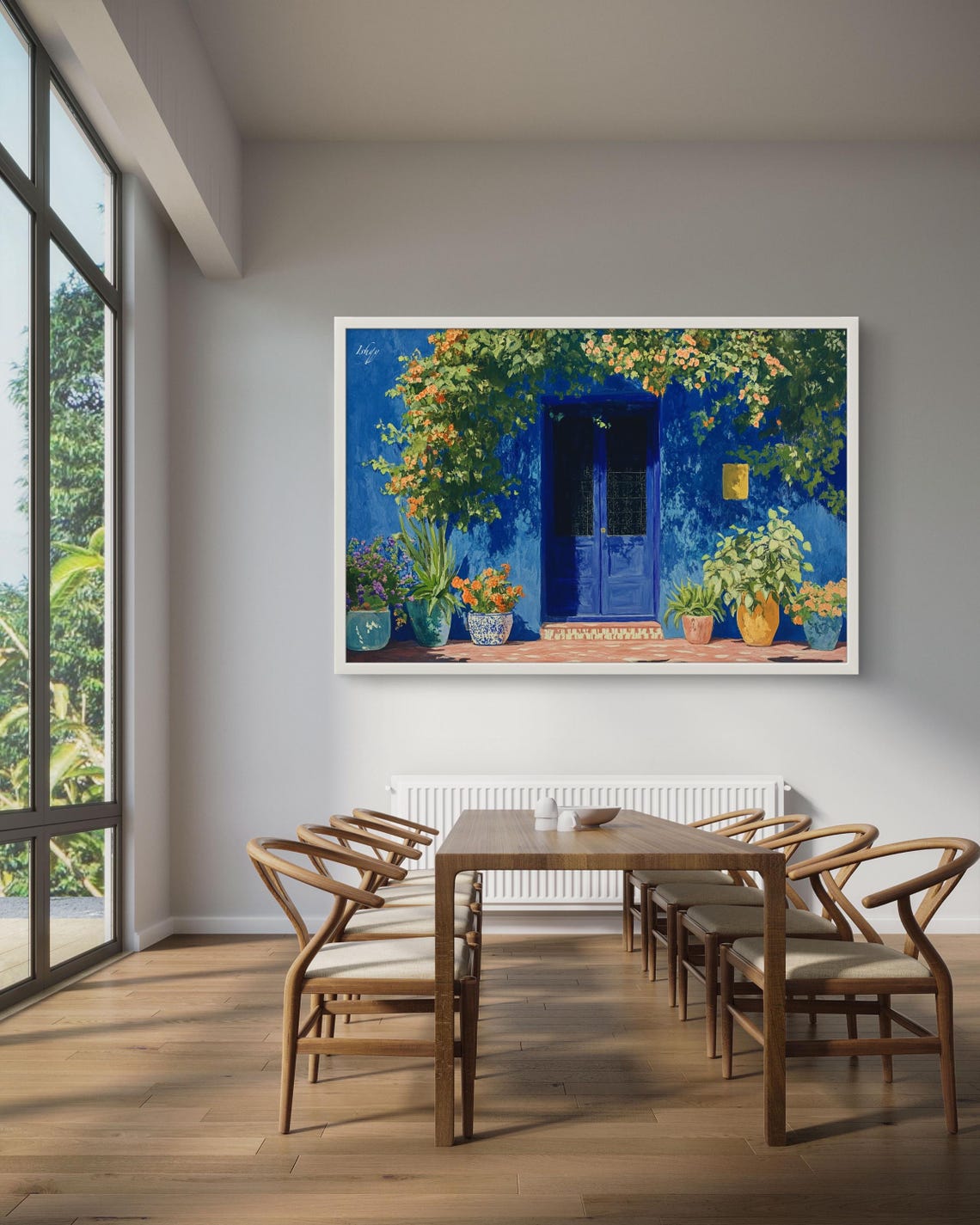 Cobalt Blue Moroccan Doorway Framed by Flowers Painting Poster - Image 4