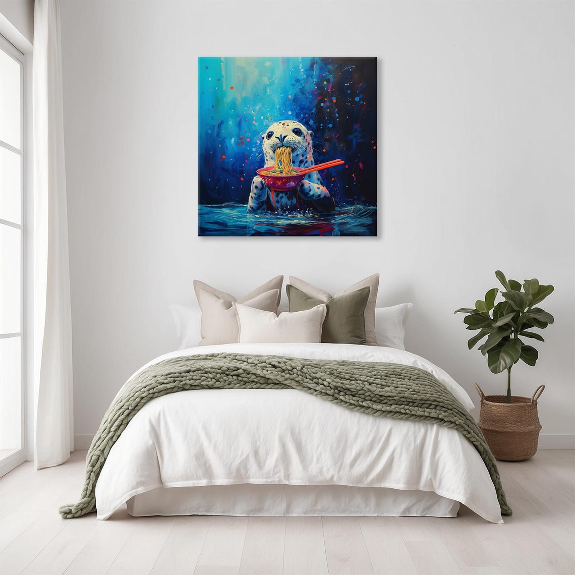 Cute Leopard Seal Eating Ramen Underwater Colorful Art Poster