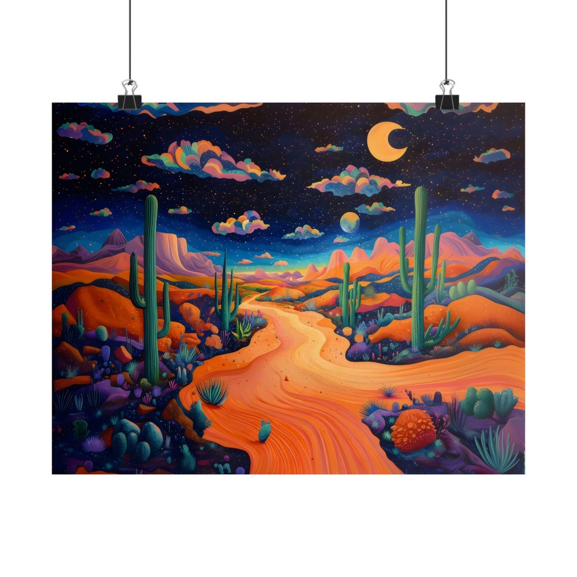 Psychedelic Desert Night With Crescent Moon and Saguaro Cacti Poster