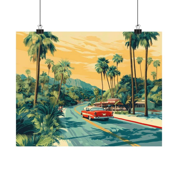 Vintage Road Trip Drive Poster Print Trees Landscape Modern Painting Fantasy Nature Rustic Bright Wall Print Airbnb Art Wall Decor