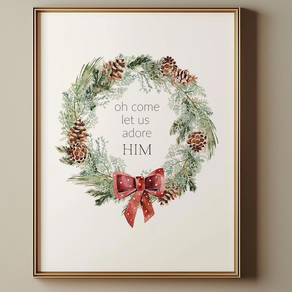 Oh Come Let Us Adore Him Watercolor Christmas Wreath Art Print