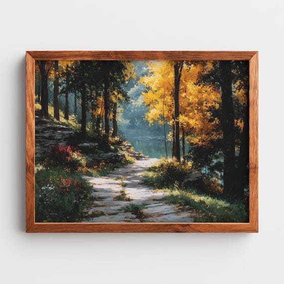 Moody Forest Trail Painting Serene Scenic Art Dancing Light Through Trees Nature Wall Decor Landscape Print 291