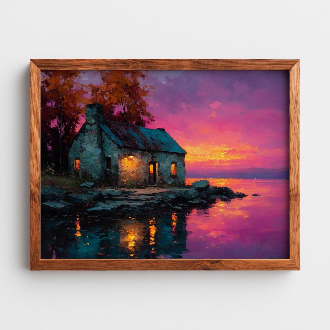 Rustic Stone Cottage At Sunset Reflective Lake Scene Vibrant Autumn Trees Tranquil Wall Art Cozy Landscape Painting 295
