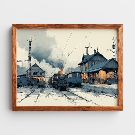 Vintage Railway Station Landscape Art Rustic Winter Train Scene Countryside Decor Charming Wall Illustration 175