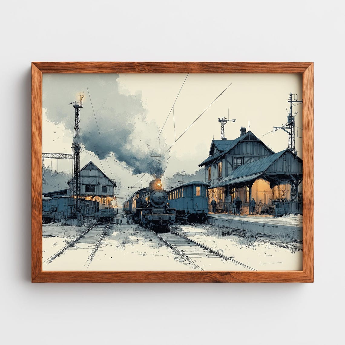 Vintage Steam Locomotive at a Snowy Railway Station Art Poster