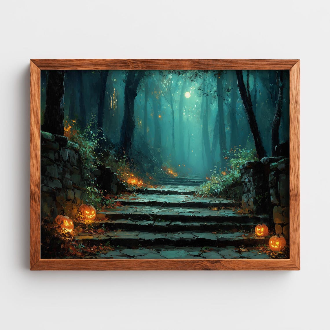 Moonlit Forest Steps with Glowing Jack O Lanterns Art Poster