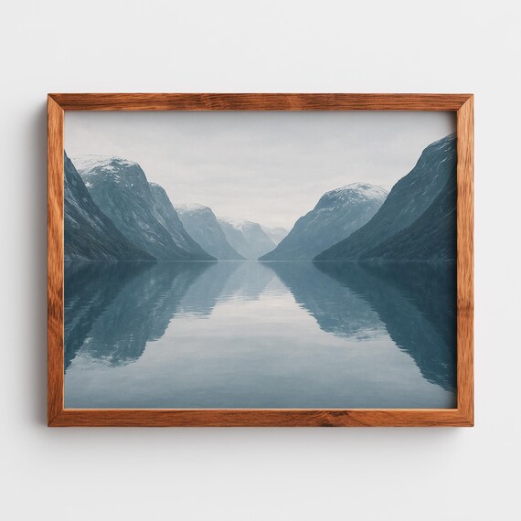 Nordic Fjord Landscape Poster Calm Mountain Reflection Lake Art