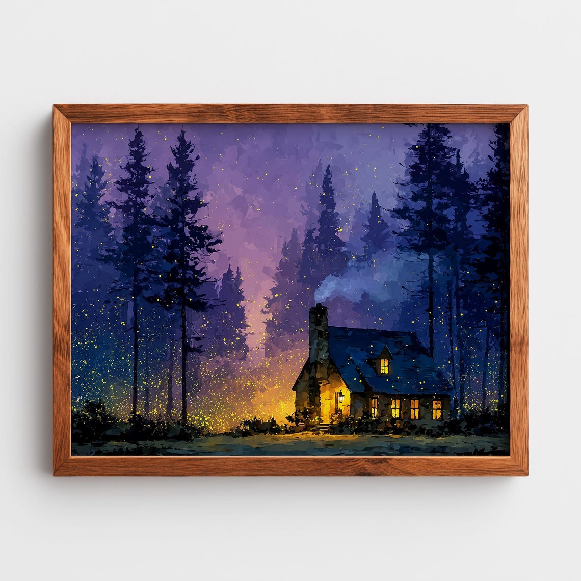 Cozy Cabin in a Pine Forest at Night with Glowing Fireflies Poster