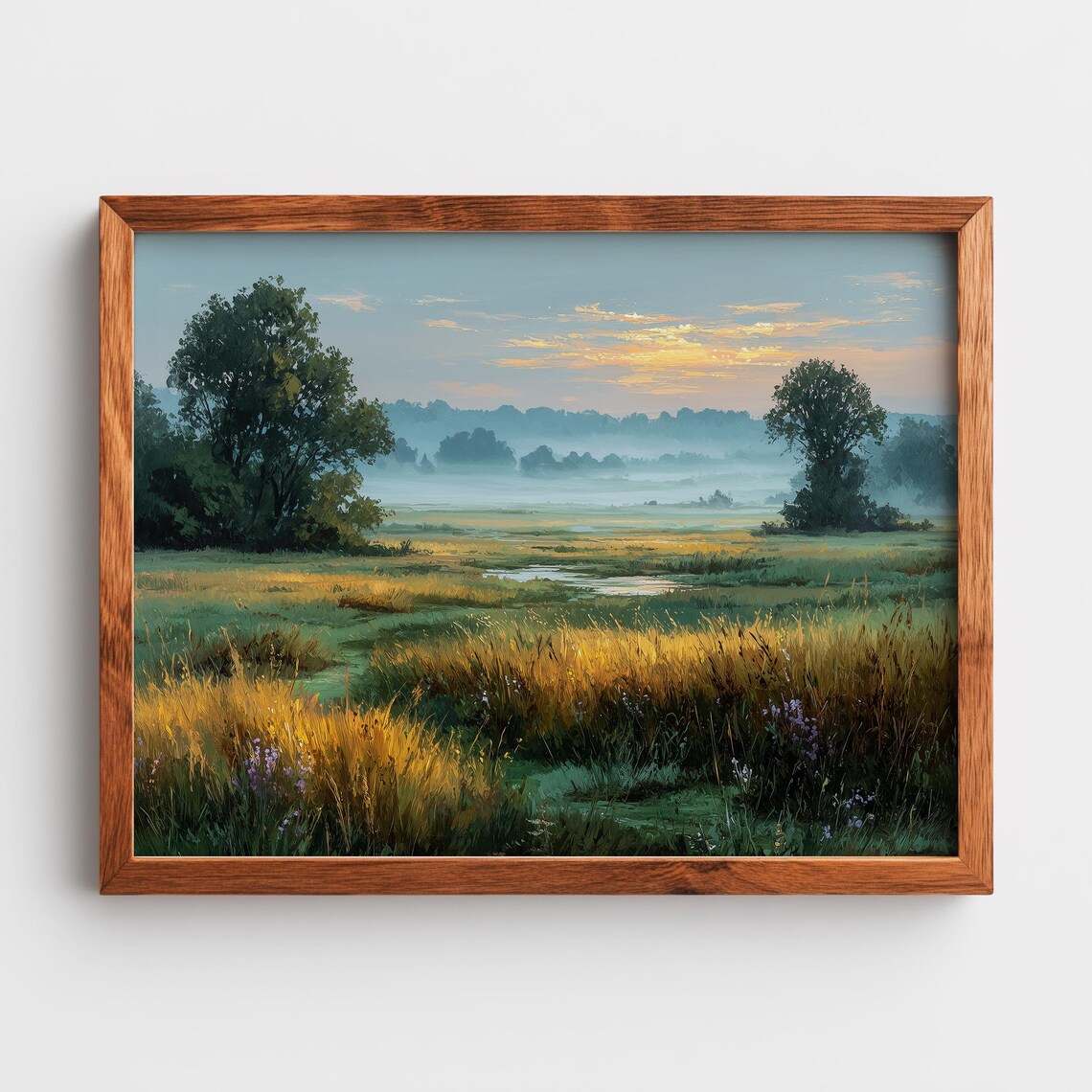 Misty Marsh Meadow Dawn Golden Grasses Wetland Oil Painting Poster