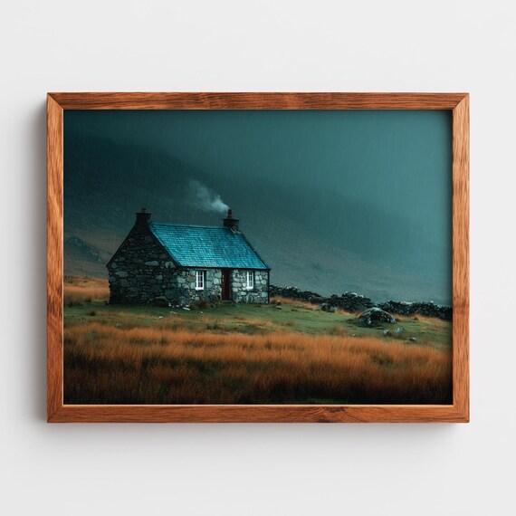 Moody Dark Stone Cottage in the Rain on a Highland Moor Poster