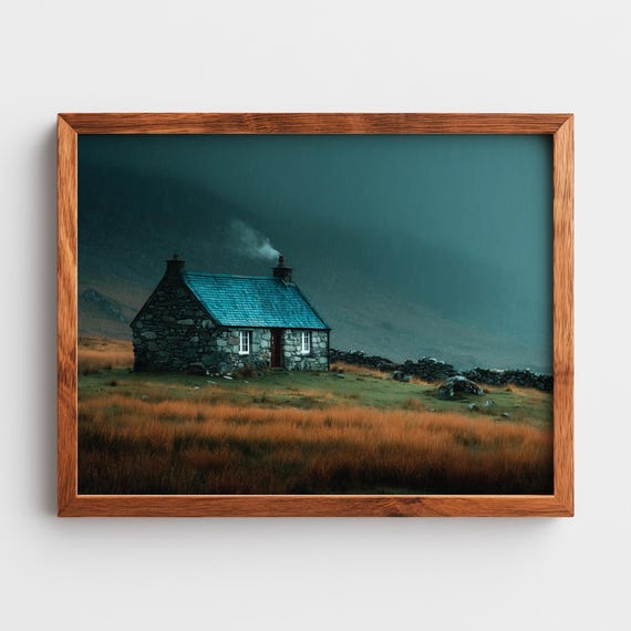 Stormy Sky Over Stone Cottage Rustic Landscape Art Isolated Valley Scene Moody Wall Decor Print 149