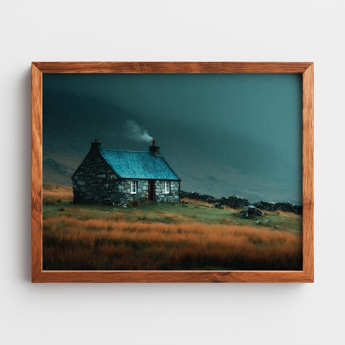 Moody Dark Stone Cottage in the Rain on a Highland Moor Poster
