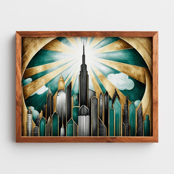 Art Deco Skyline At Sunrise Gouache Cityscape With Gold Leaf Vintage Wall Urban Sunburst Decor Poster 36