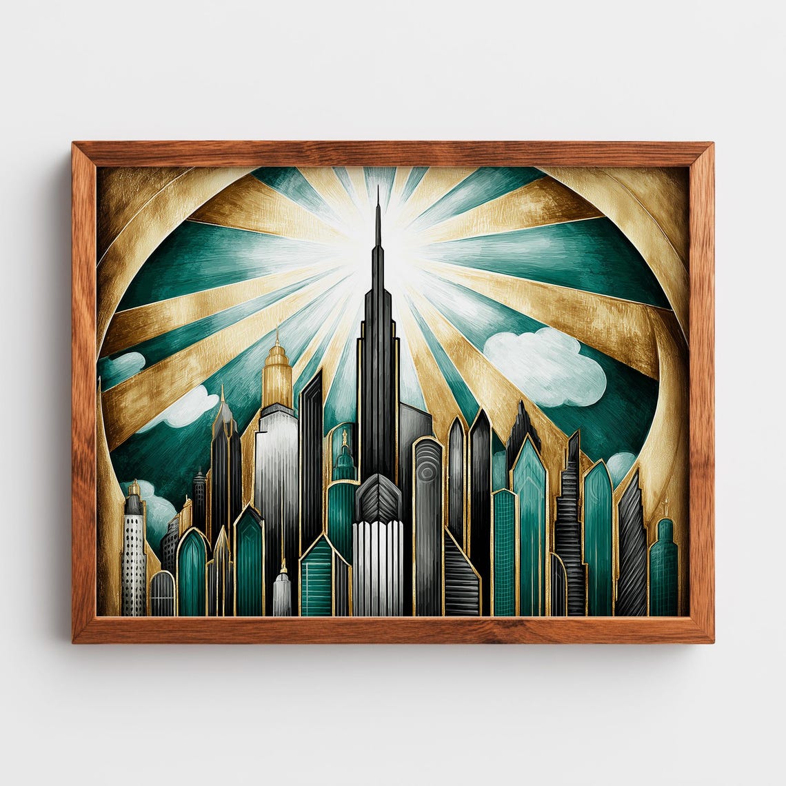 Art Deco City Skyline Gold Sunburst Sunrise Geometric Art Poster