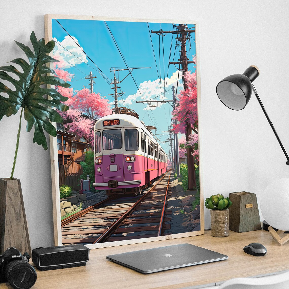 Pink Train and Cherry Blossoms, Manga Style Art Print - Image 2