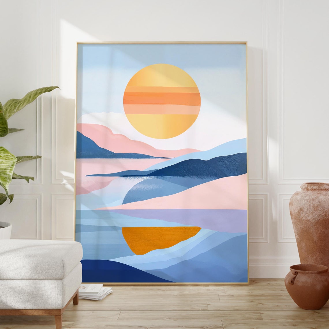 Pastel Abstract Sun Mountains Poster with Lake Reflection Minimal Art - Image 2