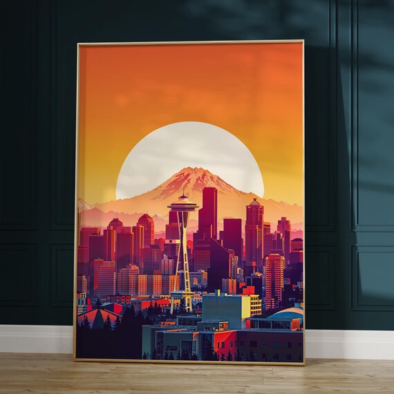 Seattle Skyline Sunset Poster with Space Needle and Mount Rainier Art