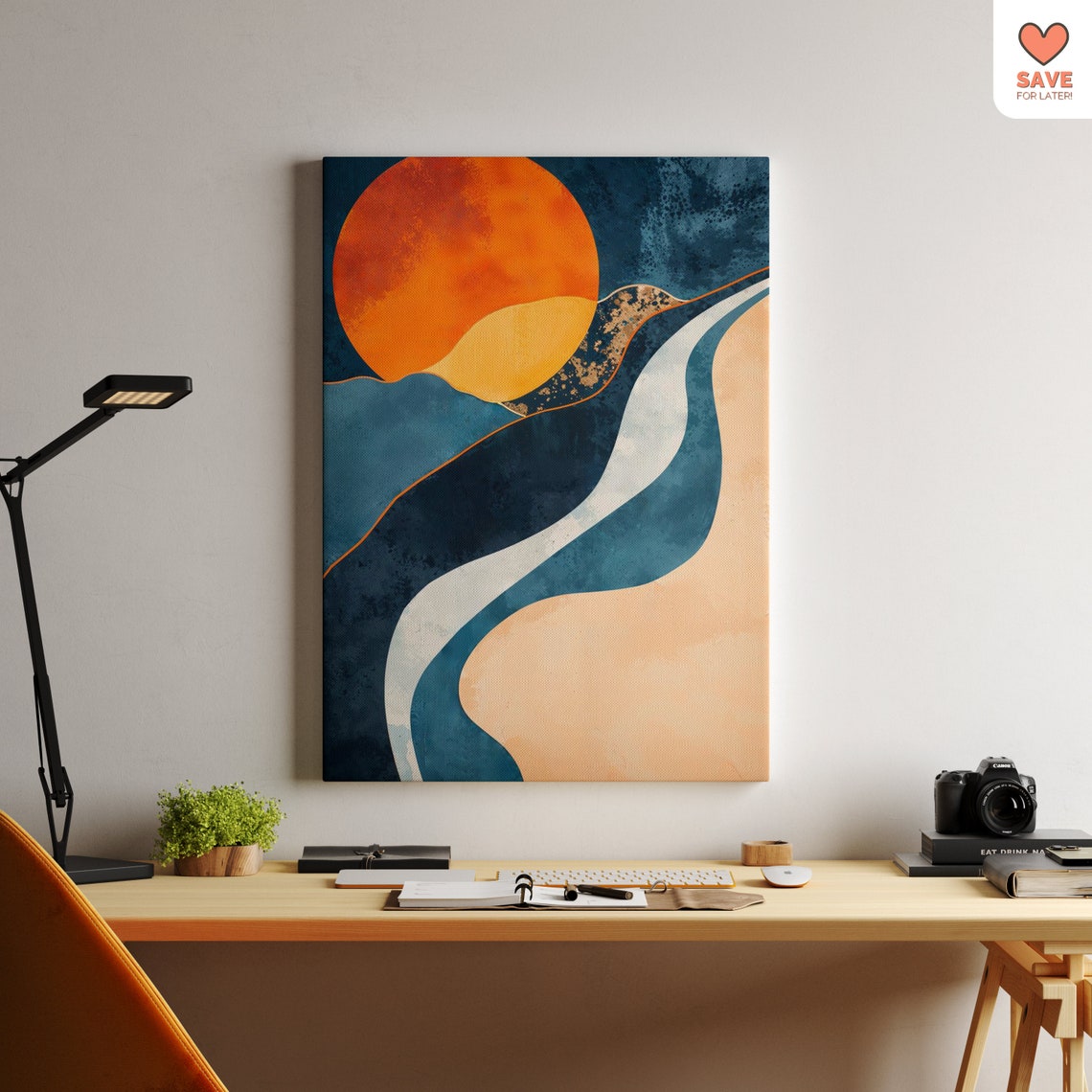 Burnt Orange Sun Abstract Ocean Waves Poster Minimalist Coastal Art