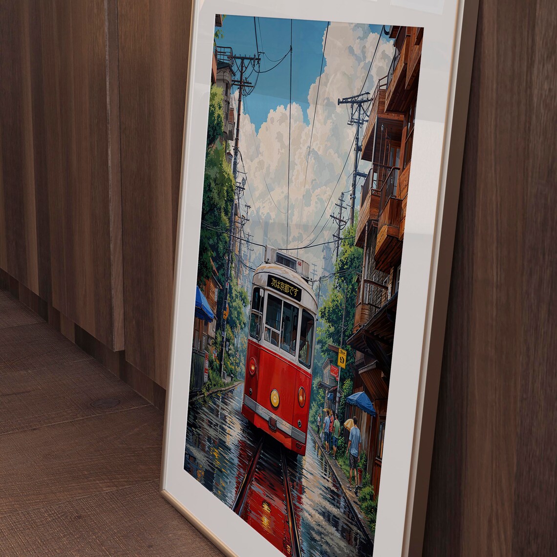 Vintage Red Kyoto Tram Rainy Street Anime Summer Clouds Poster - Image 4