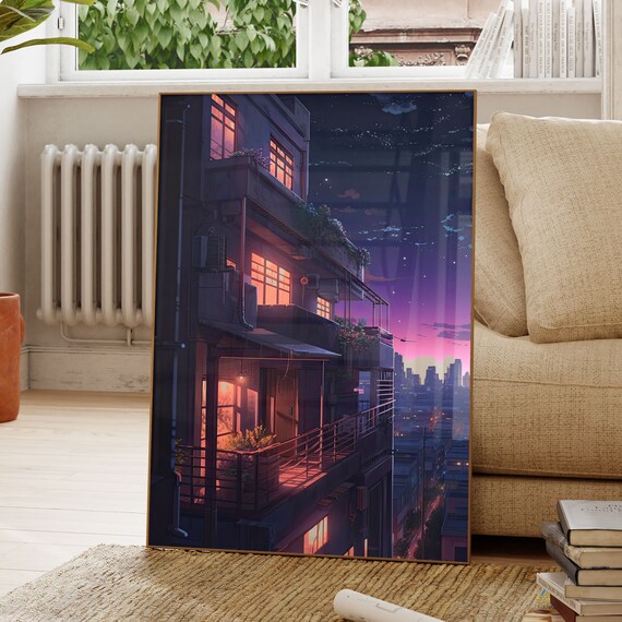 Anime Apartment Building at Night With Glowing Windows and Stars Poster