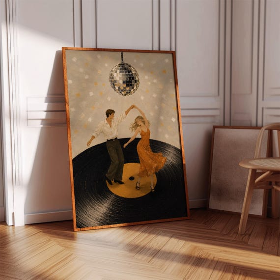 Disco Ball Couple Art Print Vinyl Record Dance Poster Romantic Retro Music Wall Decor