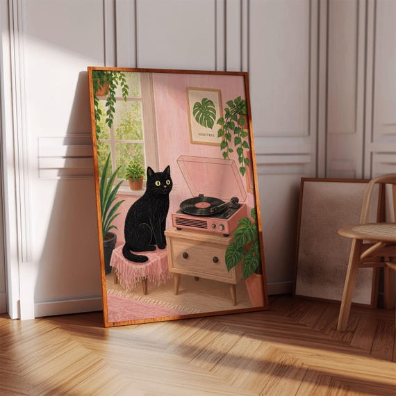 Black Cat Vinyl Record Poster Retro Botanical Wall Art Digital Download