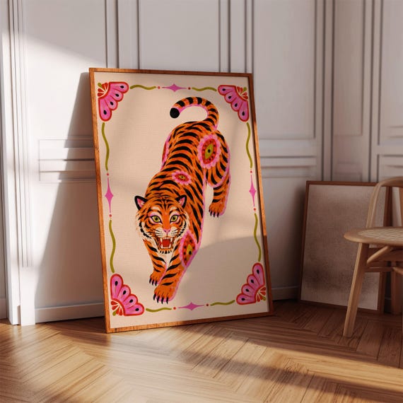 Maximalist Tiger Wall Art Colorful Folk Poster Eclectic Dopamine Decor Digital Print