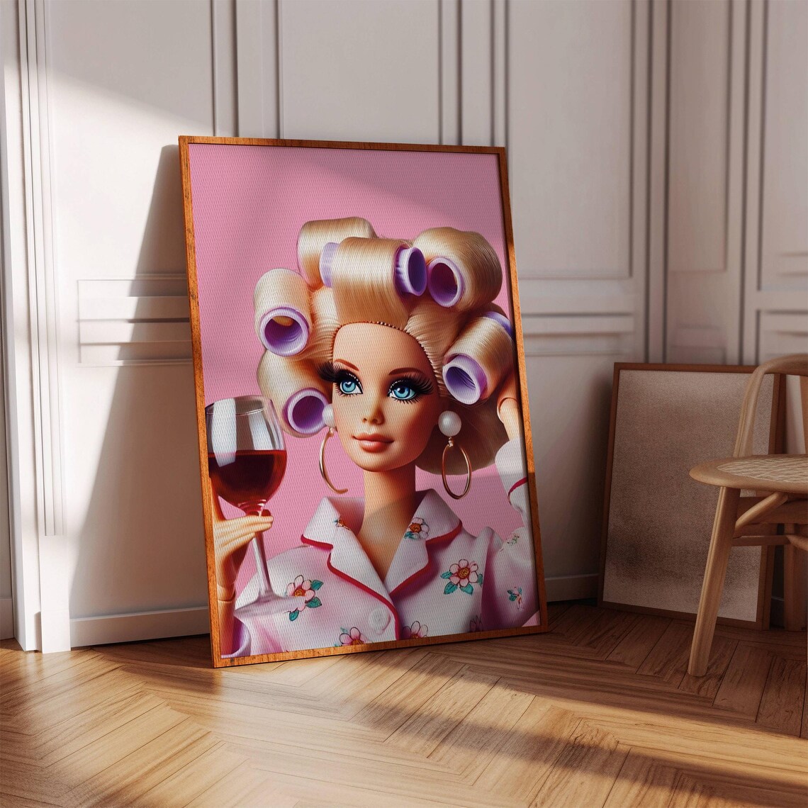 Retro Pink Fashion Doll Poster Hair Rollers Wine Glass Preppy Art
