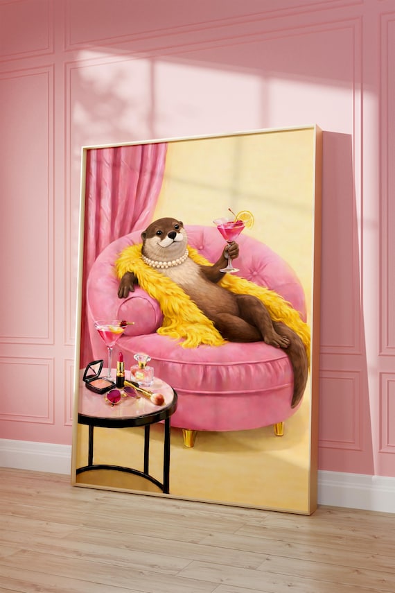 Glamorous Otter Sipping Pink Martini With Pearls Yellow Fur Stole Poster