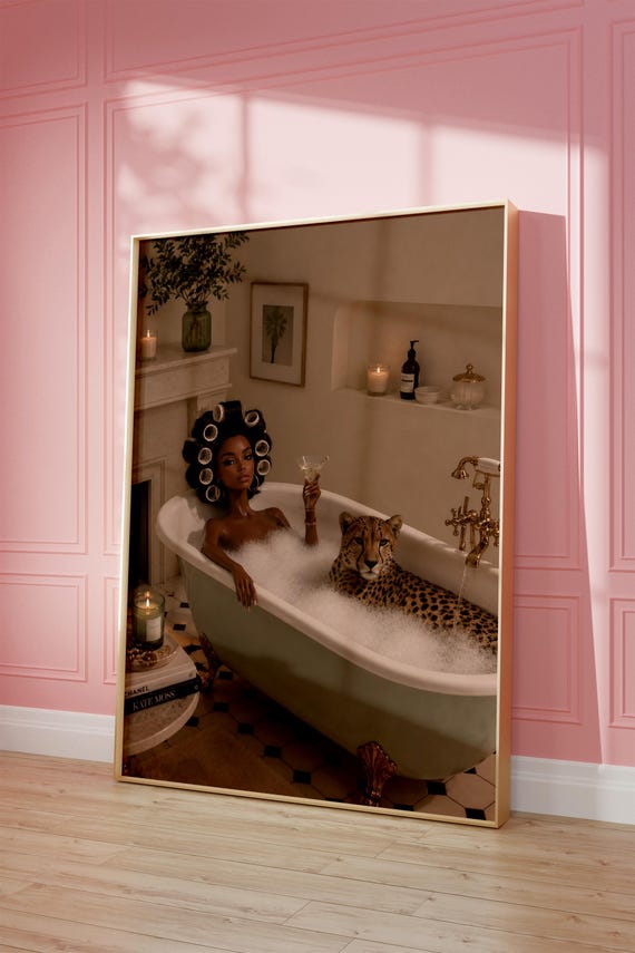 Black Doll Cheetah Bath Art Print Sage Green Tub Poster Maximalist Bathroom Wall Decor
