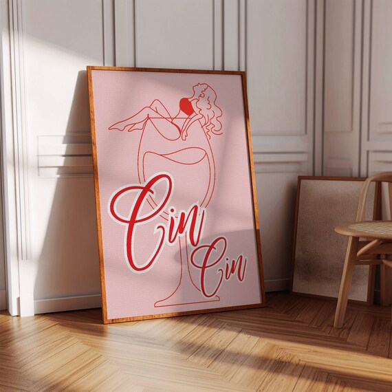 Cin Cin Pink Wine Glass Girl Retro Bar Cart Line Drawing Poster
