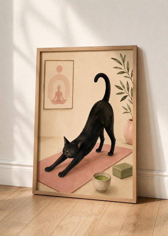 Black Cat Yoga Print Funny Wall Art Meditation Decor Digital Download