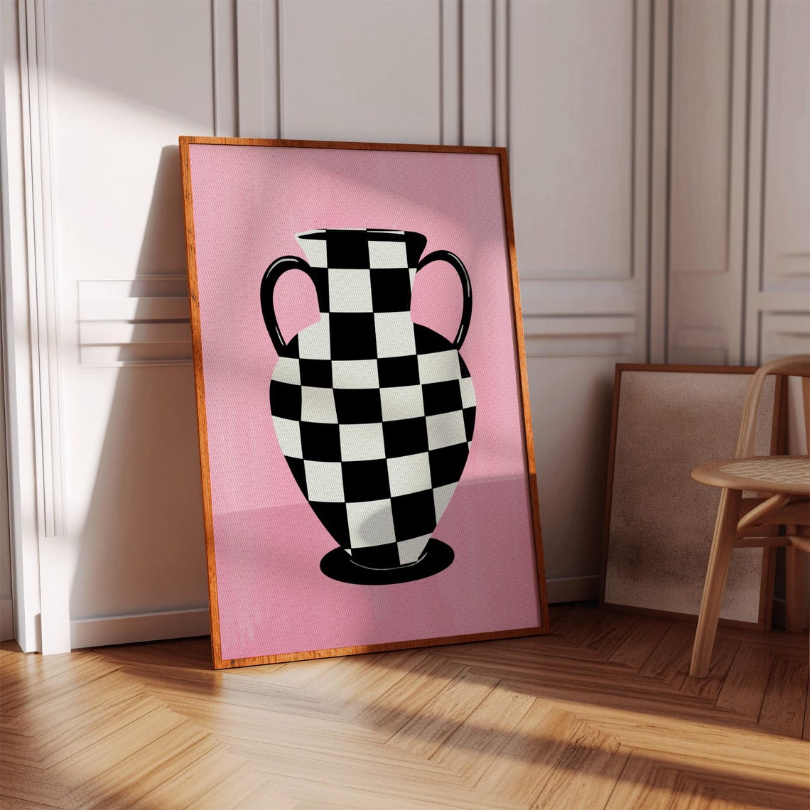 Playful Bold Retro Checkered Amphora Vase Pink Background Wall Art