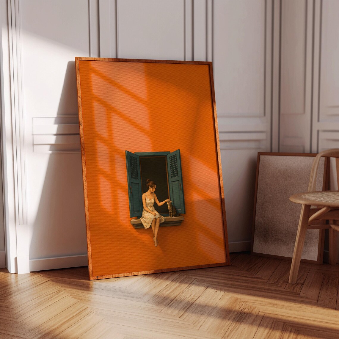 Woman at Window With Orange Cat Teal Shutters Whimsical Poster