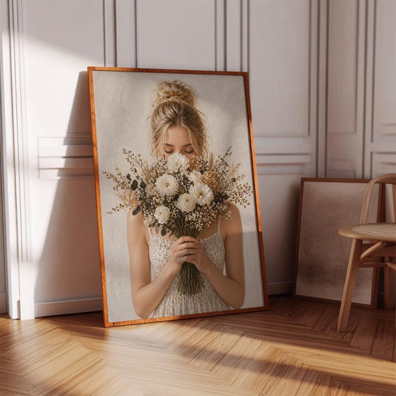 Boho Neutral Floral Woman Poster Soft Flower Bouquet Wall Art Feminine Minimalist Decor