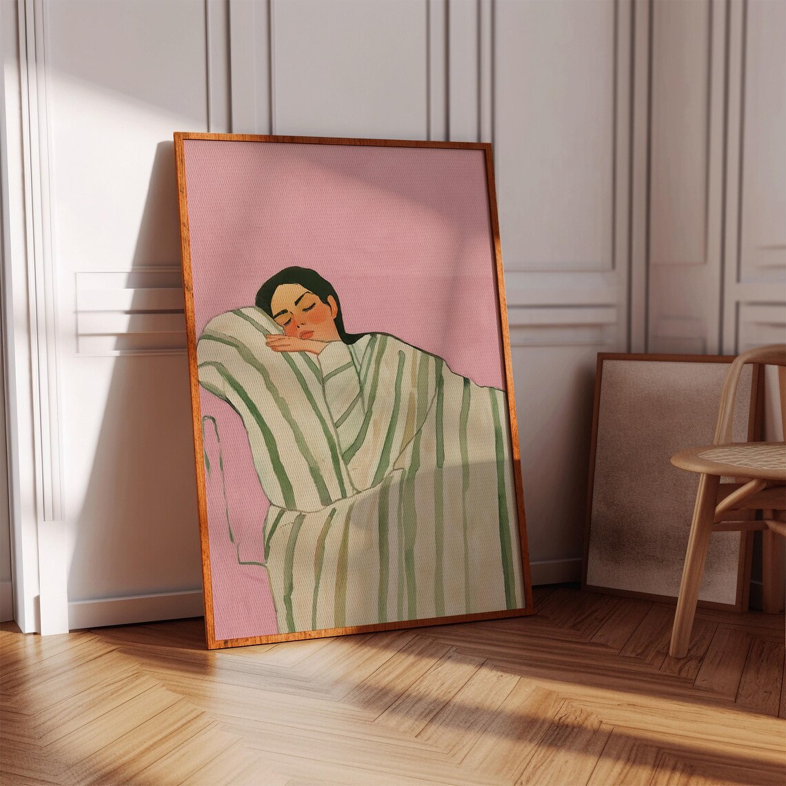 Woman Resting on Striped Blanket Soft Pink Watercolor Art Print