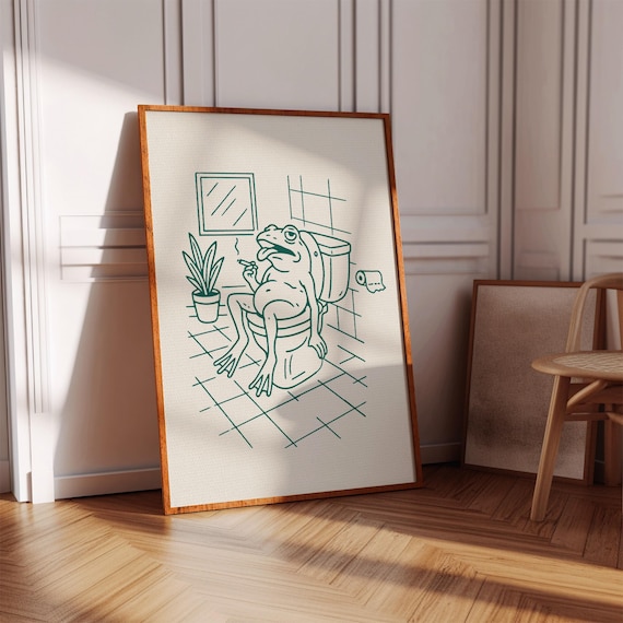 Smoking Frog On Toilet Funny Line Art Green Ink Style Wall Art