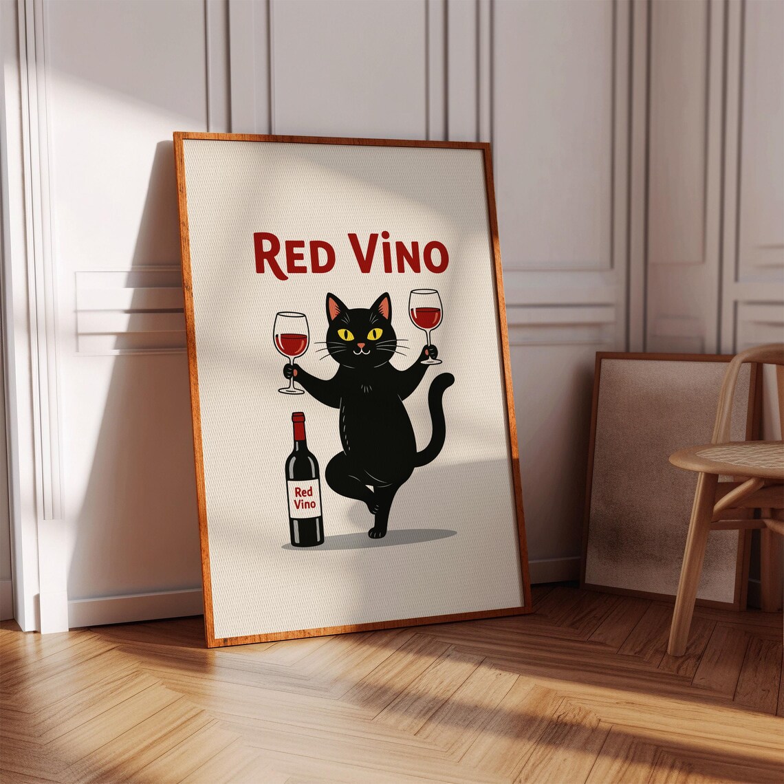 Cartoon Red Vino Black Cat Wine Lover Funny Kitchen Bar Art Poster